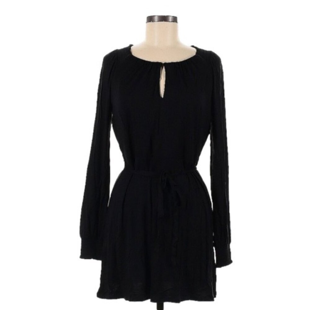 NWT Boden Black Long Sleeve Tie Waist Keyhole Mini Dress 8 Petite Gathered Neck